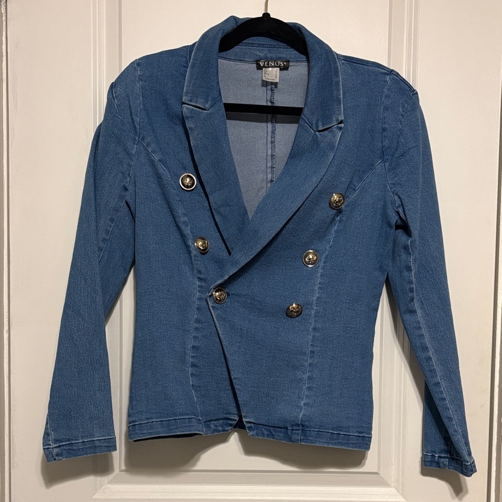 VENUS Denim Blue Double-Breasted Blazer